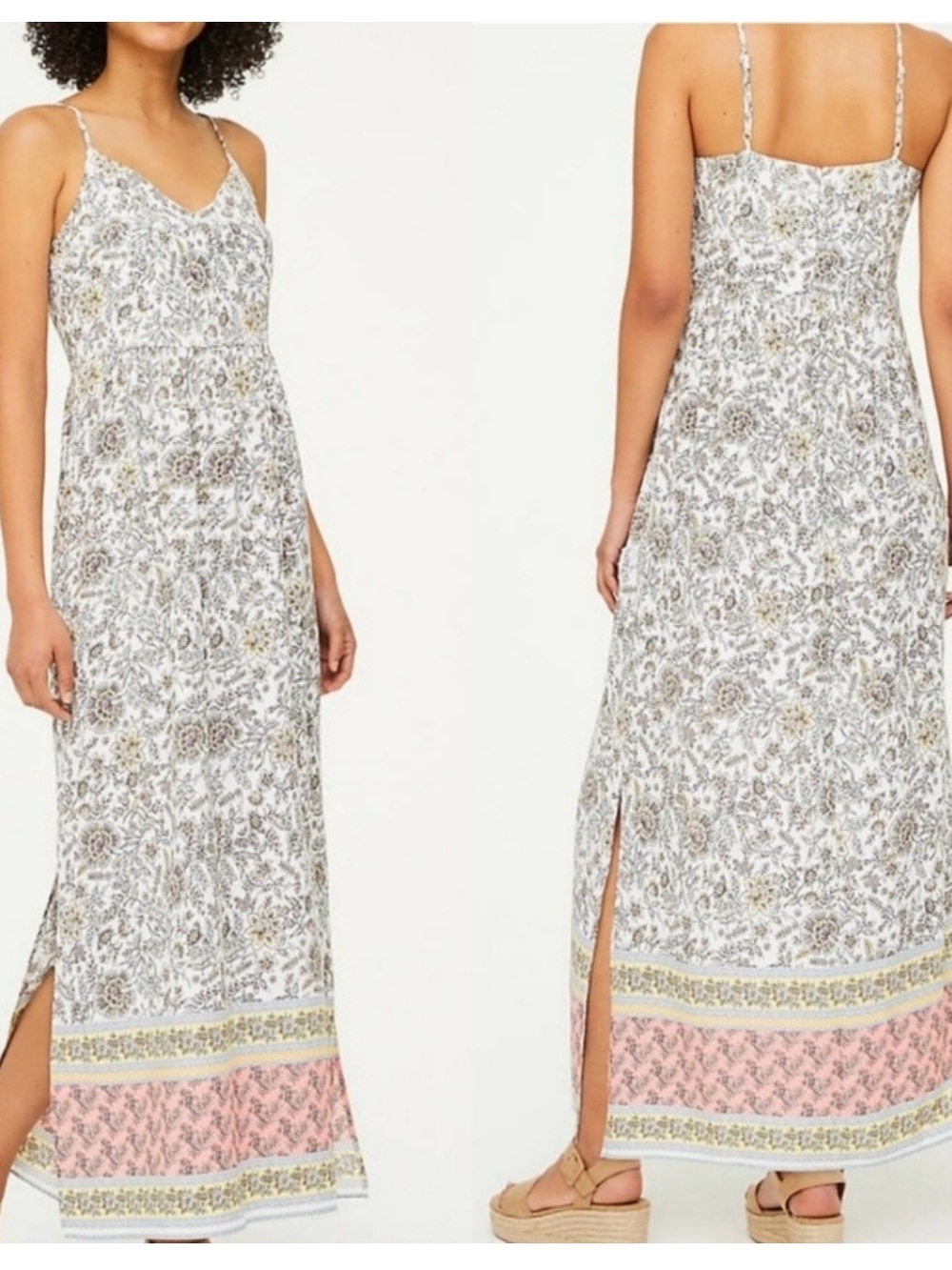 LOFT White Floral Border Maxi Dress with Pink Trim